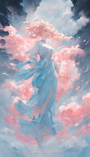 An inky white painting?The painting depicts a lady in a long light blue dress?There is a huge pink goldfish in the clouds, Made of fog, Dark white and pink, Clear face?Clear  eyes?In the style of Li Shuxing, shilin huang, Talented people, Ethereal form, gigantic scale, Elegant and balanced, Doubleexposure, Cloud effects?1.5?elevation?Faraway view?super detailing?best qualtiy?tmasterpiece?8K?Extremely detailed?Epic artwork