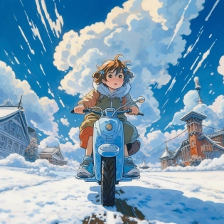 The little girl riding an electric scooter/bike, in a beautiful anime scene by Hayao Miyazaki: a snowy Tokyo city with massive Miyazaki clouds floating in the blue sky, enchanting snowscapes of the city with bright sunlight, Miyazaki's landscape imagery, Japanese art 16:9 --v 5. 1