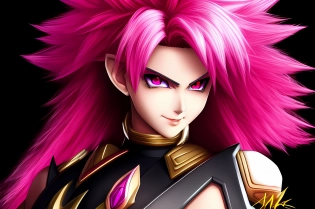 spiky hair, pink hair, saiyan armor, full body (Dragon Ball Z), action, (female), highly detailed, trending on artstation, by Akira Toriyama