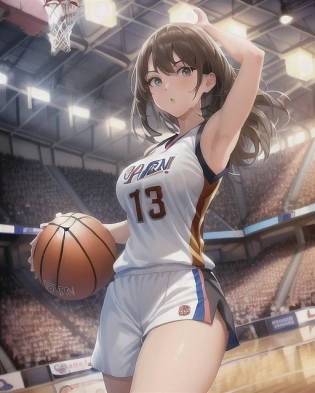 1girl, painting of a girl playing basketball, indoors, team uniform, basketball net and hoop, basketball court, stadium with roof, scoreboard, thousands of fans in the stadium, night, celebration anime, anime face, art by artgerm and greg rutkowski and alphonse mucha, 8k, artgerm anime, professionally color graded, depth of field, hdr, volumetric lighting, view from above
