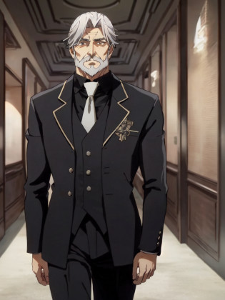 sebas <lora:sebas:0.7> 1boy 50yo old man, hair_slicked silverglay hair glaybeard glay mustache glay facial hair curtained hair, glay eyes, stocky muscular, tall person +++ black suit black collared shirt glay necktie white glove Aristocratic mansion red carpet, corridors Statue Vase of roses