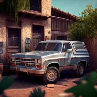 A Photorealistic ultra detail of a Silver Chevrolet Blazer K5 of 1987 in a village at noon. Cinematic 8K --ar 16:16 --upbeta --v 4