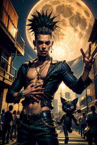 A man who is a voodoo trickster, with spiked hair, wearing striped shirt and a black pants, holding a voodoo rag doll, dancing around like crazy, background is full moon, mood is fickle, stupid, insanity, night time light, character design.
