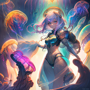 deflecting powerful explosives, dragon lair, (((Point-of-view shot))), there is a woman in a costume holding a sword and a sword, jellyfish priestess, cushart krenz key art feminine, digital fantasy illustration, in the art style of mohrbacher, fantasy art behance, anime fantasy illustration, detailed fantasy digital art, intricate wlop, peter mohrbacher style, hyperdetailed fantasy character, fantasy art illustration, anime girl with a hat and a sword with jelly accessories, combat in a dungeon, armor deflecting magic, armor deflecting steel swords, dnd battle, dynamic lighting 1girl, (platinum hair:1.3), (catgirl:1.1), cat ears, real tail, add_detail, masterpiece, micro bikini under translucent armor, ready to fight, armed, blue sword, in a deep dungeon, smiling, translucent armor, fighting pose, sword drawn, fine fabric detail, (masterpiece:1.2), (best quality:1.2), (extremely detailed:1.2), (extremely detailed face), (ultra detailed), 8k, large translucent round jellyfish bra, translucent leg armor, translucent round jellyfish panties, translucent round jellyfish head cover, thick thighs, bbw, translucent round jellyfish on each breast, translucent round jellyfish on crotch, translucent round jellyfish on each shoulder, translucent round jellyfish covering head,octane render, hdr, (hyperdetailed:1.15), (soft light, sharp:1.2), beautiful, realistic,1 woman mature, feminine, tall, short hair, beautiful, eyes with fine details, look at the viewer, beautifully curved, guweiz, armor deflecting magic, armor deflecting steel swords, dnd battle, armor defense, magic explosions, hp low, cowboy shot