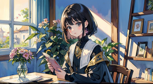 ((Watercolor by singer Sargent))?(top-quality??masterpiece)?1girl in?sixteen years old?A stunning?Short black hair?Black eyes?tiny chest????long  skirt?atlibrary?Boken?Flower Shop?read a book?The table?florals?window?houseplant? The tree,Soft light?