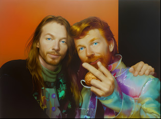 there are two men posing for a picture with a donut, colorful aphex twin, rickroll, thom yorke age 2 5, roger dean and andrei tarkovsky, james jean and clyde caldwell, eddie, greg rutkowski and wayne barlowe, by David Gilmour Blythe, myself, david spade, wayne barlowe and artem demura, conan