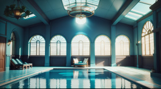 Close-up of a solarpunk pool in a room with skylight, solarpunk mansion, solarpunk bedroom background, dream pool, teal lighting, solarpunk room, blue and cyan scheme, indoor pool, teal ambient light, solarpunk decoration, beautiful 3d rendering, turquoise color scheme, futuristic interior, bright shade of teal, CGI rendering, a pool inside the giant solarpunk palace