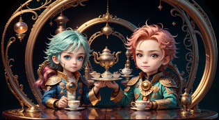 Masterpiece, best quality, wizard tea party, magic tea party, magic, chibi, handsome male witch, highly detailed realistic eyes, happy, vibrant, colorful, rich expressions, rich eyes