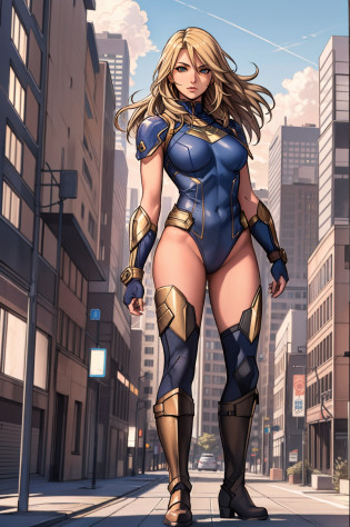 masterpiece, best quality, agrias, leotard, standing, looking at viewer, blonde hair, superhero, boots, city backdrop