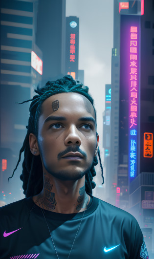 (8k, RAW photo, best quality, masterpiece: 1.2), (realistic, photorealistic: 1.37), (fisheye: 1.1),(panorama:1),(side:1.2), (outdoors, highway, night, cyberpunk, neon, fog, rain, tokyo, cyberpunk, reflection, river: 1.2), (skyscraper, cityscape: 1.4), (lookout: 1.3), (retrowave: 1.2), car, cyberpunk jedai v2, male, 27 years old, character, standing leaning against the car, Old School tattoos,  black wide street wear jackets, cargo pants, nike boots, hard, resilient, determined, strong, fierce, loyal, skilled, belter, ingenious, hair dreads short tied dark, intense, piercing eyes, muscular, non-nonsense, pragmatic, tattoos Old School, worn, commanding, authoritative, intimidating, inflexible, confident, striking, intense, angular, expressive look, fierce look, seductive look, determined look, strong eyeliner, mesmerizing eyes, defined cheekbones,  Jaw sculpted, elegant, graceful, natural beauty, magnetic, charismatic, versatile, photogenic, sci-fi, cinematic, cannon 6d, octane render