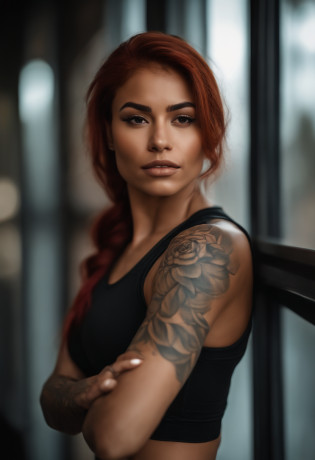 An urban Latina goddess with caramel skin and vibrant red hair With flower tattoos on her right shoulder, lower lip and shoulder completely, sportive, fit girl, Large and detailed muscles, poitrine, Realstic, 22 ans, tenue de sport noir, haut de sport noir, pantalon legging de sport, salle de sport, joue ronde, slightly shiny skin, Mid-length hair reaching shoulders