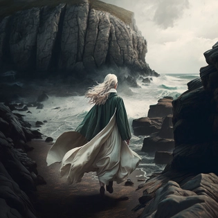 mdjrny-v4 style, girl in the distance, girl view from the back, medium length white hair, a young girl wearing white vintage dress, rocky coast by the sea, green cape, proportional body, a highly detailed face , girl running, panoramic view, top viev, toned body, cinematic lighting, depth of field, photography