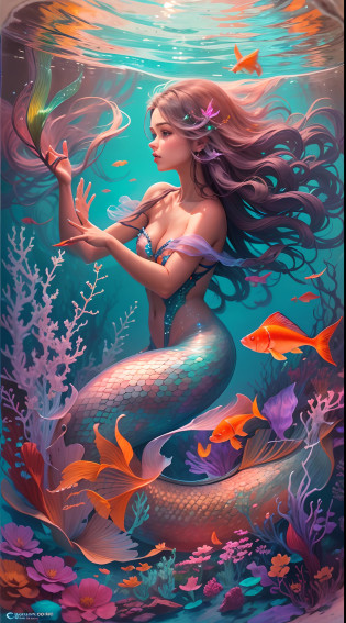 Hermosa mujer el fascinante mundo bajo la superficie del mar. Crea una escena encantadora con corales vibrantes, exotic fish, and maybe a beautiful mermaid or mythical sea creature. Use SeaArt techniques to add a dream, Calidad de otro mundo para la imagen.