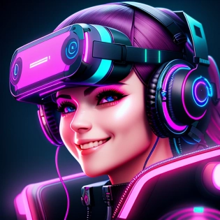 vtuber Female cyberpunk face wearing VR headsets| (character emotion smiling)| 4k| highly detailed| <lora:synthwavepunkLora300_synthwavepunkLora300:0. 8>| snthwve style