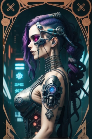 tarot card with intricate detailed frame around the outside | side profile of cyberpunk body with cyborg skull | cyberpunk | styled in Art Nouveau | insanely detailed | embellishments | high definition | concept art | digital art | vibrant