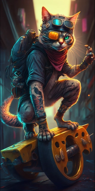 Cyberpunk style, a cat standing on a skateboard, wearing a backwards baseball cap and holding a boombox on its shoulder, confident expression, vibrant colors, graffiti-style background, edgy atmosphere, playful mood, intricate details, high-quality artwork masterful composition + wide-angle 8K resolution + Octane render + Ray-tracing + HDR10 --ar 1:2 --s 1000