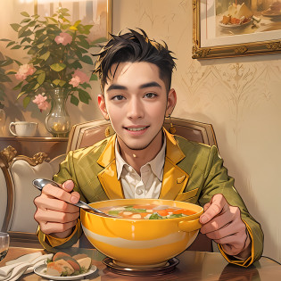 A handsome young man in a yellow suit on the side?Sitting at the dining table?I enjoyed the soup with a face?The expression on his face reveals a look of happiness and happiness,in the style of the stars art group xing xing, 32K, Best quality, Masterpiece, Super detail, High details