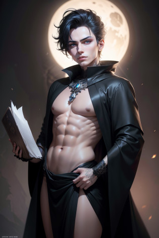 Androgynous boy wearing a black robe, Incarnation of a Deity related to the moon, joias de pedra roxa, arte assombrosamente bela, Corujas, RPG, fantasia, longos cabelos, Estilo anime, Perfect lips, pele de porcelana, HDR, UHD, 64 mil, studio lighting, realista, hyper realistic, simetrical face, Motor irreal, Bokeh, high - resolution scan