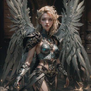 (Numerous award-winning masterpieces, with incredible detail, textures and maximum detail), (full-body standing image:1.8), (upper body up:0.3), (hyper realistic:1.4), (realistic:1.3), (best quality real texture skin), (Lord's Hell Demon Warrior: 1.6), (Holds a sinister straight sword hilt that emits an elaborately decorated glow of hellfire: 1.9), (finely detailed true circle Symmetrical eyes), (finely drawn beautiful face), ((medieval world)), (Full body armor with delicate decoration that gives off a sinister shine: 1.8), (full-body standing image:1.8), (Beautiful yet evil eyes), (Smiling cruelly), (Eyes of a sinister color filled with malice), (Majestic thunderclouds and sky with shining lightning: 1.4), (halo optical phenomenon:1.3), Dramatic Light, majestic sight, (Large wings with Jet black feathers behind the shoulders:1.7), (((Folded wings))), Glass earrings on the ears, (((dramatic photo))), (full-body standing image:1.8), (Sacred Pose), (golden hair), (silver hair), (chestnut hair), Short cut hair, ((looks up)), ((looking down)), (Around her neck is a simple necklace of exquisite workmanship), Old ruins infested with plants, great temple, great cathedral, temple ruins, detached temple, (Luminous magic circle), Ruins of an ancient castle, Deserted ruins, crumbling ruins, Ancient ruins with clear water, highly detailed, ultra-realistic, intricate details, painting (artwork), ((masterpiece,best quality)), ((cinematic light)), hyper realistic, fearsome, dark fantasy, Sacred Light, epic realistic, faded, ((neutral colors)), art, (hdr:1.5), (muted colors:1.2), hyper detailed, (art station:1.5), cinematic, warm lights, light effect, dramatic light, (intricate details:1.1), complex background, (Greg rutkowski:0.8), (teal and orange:0.4),