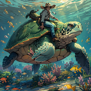 A turtle,Turtle?Under water? Shrinking in a turtle shell, hyper HD, Masterpiece, High quality, a cowboy turtle, a turtle riding a fish like a cowboy