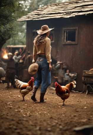 make a brunette woman
this woman must be wearing pants, a long blouse, boots and a hat
she must be inside a chicken coop
she is feeding the chickens
ultra realistic photo, 8k quality, fullhd