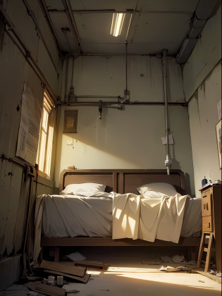 ((((angle from below)))),((full view of the bed)),((close-up to a postoperative bed)),(((abandon factory))),((warm light)),(orange light),((dramatic shadows)), ((indoor)),
((((((((masterpiece)))))))), best quality, highly detailed, extremely detailed CG unity 8k wallpaper,illustration,sfw,
indoor,((((abandon factory)))),(at night),spotlight,(((grey background))),(grey wall),wire,pipe,(night),