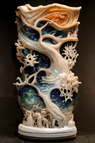 "The Midjourney Multiverse" highly detailed carving on "southern ice" porcelain, partially glazed, woodfired, art gallery --ar 5:7 --q 2