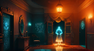 In the entrance hall of the haunted house, a digital holographic NPC dressed in a Republican costume introduces you to the backstory of this haunted house. It is said that during the Republican period, this haunted house was once an aristocratic royal palace, but later a series of bizarre events occurred, resulting in the entire royal palace becoming a cursed place, square indoor space, secret room, immersive indoor horror theme, blood, escape room, hologram, projection, LED, maze, digital immersive indoor space, characters, decryption, exploration, detail, high precision, ground projection, lines, riddles, a girl, a boy, the ground has a maze pattern, the top is mirror, reflection, there is a sci-fi holographic avatar on the wall, Haunted House, Inception, Distortion, Space Transformation, Specular Reflection, Complex Patterns, Holographic Clear Glass, Chinese Character Symbols, Taoism, Yin and Yang, Transparent Suspended Terror Face,