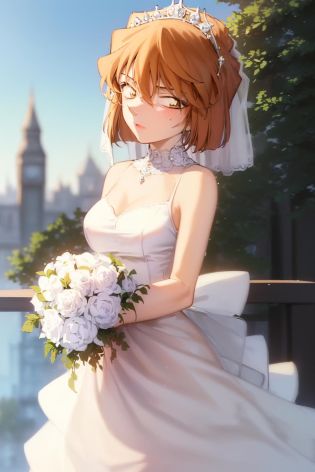 ((masterpiece)), (face on light), (8k, high_resolution), ((distinct_image)),((1girl, solo)) ,extremely detailed CG, ((best quality)), (meitantei conan \(style\), detecive conan \(style\), meitantei conan), solo, beautiful eyes and detailed face,((short hair)),  (medium breasts), (wide hip), (blush), (abs:0.8), ((detailed wedding dress, white wedding dress, tiara:1.2)), ((1girl, solo)),  (glamorous, 19 years old, aged up) , (slender) <lora:haibara ai 001:1>, cowboy shot, detailed hand,