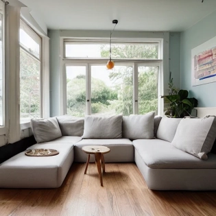 high resolution photography interior design, dreamy sunken living room conversation pit, wooden floor, small windows opening onto the garden, bauhaus furniture and decoration, high ceiling, beige blue salmon pastel palette, interior design magazine, cozy atmosphere