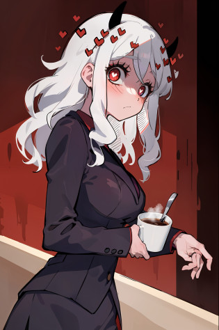 best quality, masterpiece, best shadow, shade, beautiful lighting,  modeus with heart shapes and heart shaped pupils, coffee shop, night, colored lights , formal wear