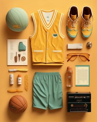 a flat lay photography of vintage basketball outfit knolling :: Wes Anderson color palette, studio lighting, low contrast, 8k --ar 4:5 --q 2