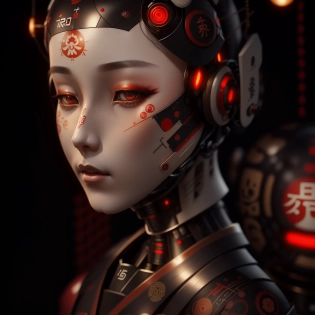 realistic portrait painting of a japanese robotic geisha with kanji symbols and decals, octane render, intricate detail, 4k, unreal engine 5, ex machina, irobot