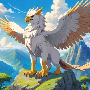 Gryphon, mythological creatures, Majestic, Powerful wings, Lion body, Eagle head, Fierce gaze, Sharp claws, feater, Golden beak, Large size, Flying, Mountains, Cloudy sky, Ancient ruins, Fantasy realm, mythological landscape, Epic, magical, mythological creatures, mythological beasts, Fierce, Mythical monsters