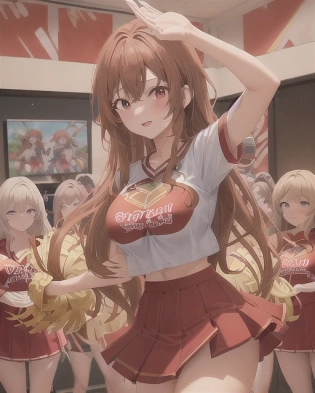 5girl, humongous, happy beautiful long light-brown haired cheerleaders, red outfit/skirt, team logo in the middle of the shirt, cheerleaders do pose with main character, indoors. The painting is anime, professionally color graded, 8k HDR, vivid, bright, anime faces, hyper resolution, depth of field, and created by Artgerm, Greg Rutowski, and Alphonse Mucha with volumetric lighting. The painting has very bright colors and uses anime faces.