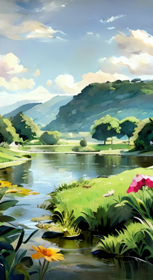 Painting of green valley with river and mountains background, background artwork, landscape artwork, landscape illustration, landscape art detailed, lush valley, lush landscape, digital landscape art, landscape art, landscape painting, lush countryside, detailed digital painting, green meadow, anime village landscape, landscape painting, detailed landscape � width 672, lush landscape, tranquil landscape
