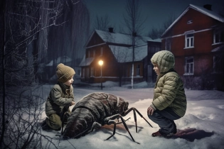 kids are playing with infernal insect monster, provincial Soviet town, 50s, night, winter, realistic photo, winter, masterpiece --ar 3:2 --s 100 --v 5
