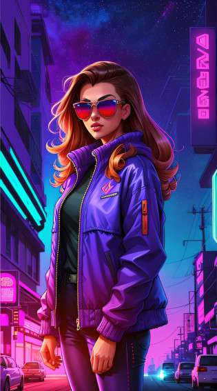 araffe woman with sunglasses and a purple jacket standing in the street, alena aenami and android jones, jen bartel, masterpiece epic retrowave art, synthwave art, synthwave art style, synthwave inspired, alena aenami and artgerm, stunning digital illustration, synthwave art style ]!!, style of alena aenami
