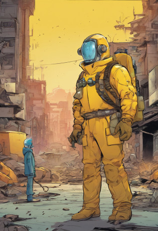 Man in yellow lead suit holding a Geiger counter with a pet robot by his side in a destroyed city, por do sol alaranjado, soldados no fundo patrulhando o local