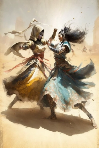 (two Egyptian princesses fighting among themselves in mini armor :1. 3) in wind sands of Ancient Egypt background, glorious young woman, perfect beautiful face, realistic, (full body), elegant pose, fantasy, illustration, artstation, Perfect Composition (intense shadows), (intense lighting) --ar 2:3 --q 5 --s 1000 --chaos 100