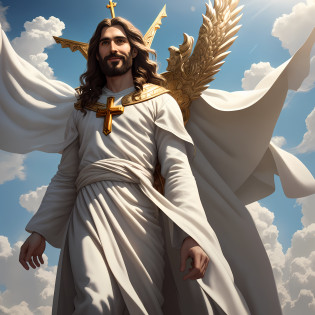 Jesus second coming in the heavens, ( Realistic) age 35 old years, Cross crown, a tunic and a golden breastplate, hair as brown as snow, eyes as flames of fire, feet as refined bronze in the furnace, light smile, Surrealism, backlighting, cinematic lighting, high quality, high details, 8K 3D best quality,Real Jesus flying on sky with a flying cloud in the background, Jesus walking on water, biblical illustration, epic biblical representation, forcing him to flee, coming out of the ocean, ! holding in hand!, disembarking, god of the ocean, beautiful representation, 8k 3D Model, realistic,
a 3D Realistic of jesus with a halo in the sky, jesus christ, smiling in heaven, portrait of jesus christ, jesus face, 35 young almighty god, portrait of a heavenly god, greg olsen, gigachad jesus, jesus of nazareth, jesus, the face of god, god looking at me, he is greeting you warmly, he is happy, avatar image