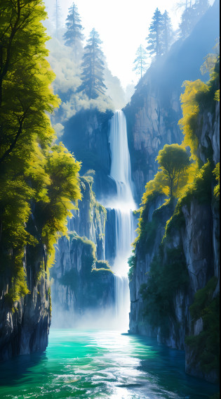 Analog style,ChromaV5,nvinkpunk,(extremely detailed CG unity 8k wallpaper),An image of a majestic river, trees on the sides, tiny waterfall, intense fog ,award winning photography, Chromatic Aberration, Detailed , HDR, Bloom, style by Monet, Pissarro, and Sisley ,trending on ArtStation, trending on CGSociety, art by midjourney