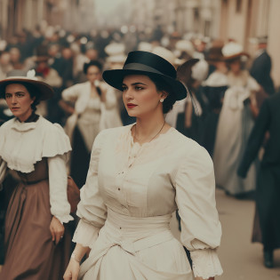 There is a woman in a white dress and hat walking down a street, wearing 1890s era clothes, traje estilo vitoriano, vestindo roupas 1 8 5 0 s era, wearing 1850s era clothes, usando roupas 1 8 5 0 s, usando roupas vitorianas, linda senhora, Senhora Dimitrescu, vestido como nos anos 1940