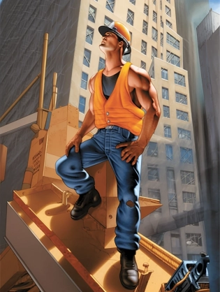 A breathtaking superhero comic book illustration in the style of Alex Ross featuring a construction worker perched atop a towering building, donning jeans, high vis vest jacket and a hard hat. The illustration showcases the iconic and realistic style of Ross, capturing every intricate detail of the worker's outfit, equipment, and the surrounding environment. The construction worker's muscular physique is emphasized through dynamic lines and shading, as he confidently surveys the sprawling metropolis below. The intense sunlight casts dramatic shadows across his face and body, adding depth and dimension to the piece. The realism is heightened by the impeccable attention to detail, from the individual screws on the worker's safety harness to the construction equipment in the background. The entire scene is rendered in vivid colors, with a striking contrast between the bright blue sky and the concrete jungle below. The composition is masterfully crafted, leading the viewer's eyes from the worker's imposing figure to the cityscape in the distance. This incredible illustration brings the heroic spirit of the everyday worker to life, inspiring admiration and awe in anyone who lays eyes on it, hyper detail, majestic painted comic, 8K, HD, Super-Resolution --ar 3:4 --q 2