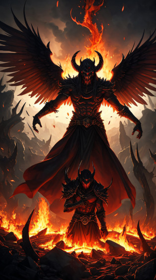 Lucifer in the Gates of Hell, At the threshold of the underworld, towering gates of obsidian loom ominously. Flames lick the edges, casting an eerie glow on the scene. In the center stands Lucifer, the fallen angel, with majestic wings spread wide. His form is both captivating and terrifying, radiating an aura of power and darkness. His eyes, ablaze with intensity, pierce through the darkness with a haunting gaze. Behind him, the depths of hell reveal a landscape of torment and despair. Fiery pits emit billowing smoke and molten lava, while tortured souls writhe in anguish. The air is heavy with a sulfurous stench, suffused with an oppressive heat. The atmosphere is menacing and foreboding, evoking a sense of dread and awe. The scene is captured in a digital artwork style, with meticulous attention to detail, intricate textures, and a dark color palette that accentuates the macabre nature of the underworld. --auto