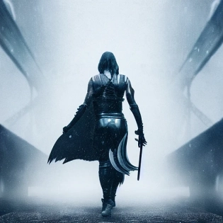 female warrior holding a sword over her shoulder walking towards the camera, giant black-feather wings, grey tones, foggy and rainy, blade runner, cyberpunk aesthetic, hyperrealistic, blurry motion