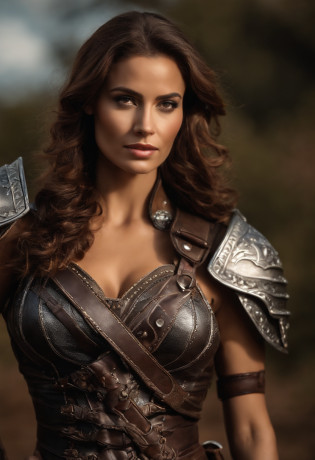(best quality, 8k, 32k, master part, UHD:1.2),fantasia,Beautiful woman,guerreiro,Bikini armor exposed,sorrir,coxa,Sonja Vermelha de corpo inteiro, muito sexy e musculosa, com armadura peitoral bem detalhada, capa de pele de animal, cintura de couro adornada com detalhes de metal, caneleiras de metal bem detalhadas com botas de couro, leather gloves and animal skin, holding an imposing axe in his right hand and over his shoulder;.