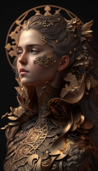 beautiful strong woman in a shining golden armor (intricate design golden armor), offset printing, full body visible, perfect body proprortion, perfect face, perfect hair, perfect details, high detail, Poster, 8k, :: intricate details, ornate, detailed illustration, octane render :: Johanna Rupprecht style, William Morris style :: trending on artstation --ar 9:16