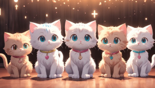 Several cute kittens of different colors stand in a row, Each kitten holds a small paw, As if beckoning wealth, adorable digital art, Cute cat, Kawaii cat, Cute cartoon character, Detailed digital art, cute cat photo, Complex details, a 3D render, blender, OC renderer, High details, 8K, Studio lighting