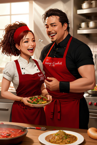 It's two people in a kitchen preparing food together, cooking show, cooky, art cover illustration, fan art, cozinha gourmet, cozinhando-o, rob rey and kentar� miura style, rob rey and kentar� miura, imagem de comida super realista, chef feliz, na cozinha, Directed by: Randy Vargas, Directed by: Eddie Mendoza, amazing food illustration